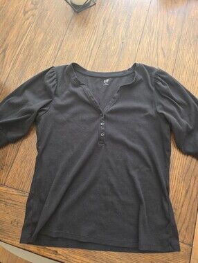 GAP Black Henley Puff-Sleeve Long Sleeve Top
